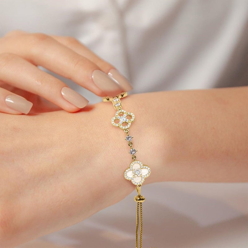 Sinebella Women's 18K Gold Plated Clover Bracelet with Natural Shell - Four Leaf Lucky Charm Dainty Link Bracelets Jewelry for Women, Trendy Birthday/Mother's Day Gift - Image 2